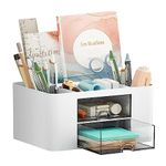 Umtiti Pen Holder Storage Box with 5 Compartments and 2 Drawers，Plastic Office Stationery Supplies Organizers, Desktop Organizer for Office School Home（White）