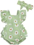 Baby Girls Daisy Playsuits Ruffled Bodysuit+Headband Print Fly Sleeve Romper Floral Jumpsuit Infant Summer Clothes, Green, 0-6 Months