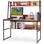 Tangkula 47 Inches Computer Desk with Hutch & Bookshelf, Space Saving Writing Study Table Home Office Desk, PC Laptop Table Workstation with w/ 3 Open Storage Space & Bottom Bookshelf (Brown)