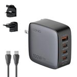 T Teclusive 100W Gan Super Fast Charging 4 Ports USB Type C Charger Compatible for iPhone 15 14 13 Pro Max/Laptop MacBook | World International Sockets Travel Adapter with Multi Port USB C (Black)