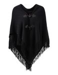 Ferand Women’s Loose Fitting Poncho Cape Shawl with Stylish Horn Buttons, V Neckline and V Hem, One size, Black