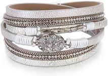 FANCY SHINY Double Wrap Leather Bracelets Boho Cuff Bracelets Crystal Bead Stackable Bracelet with Magnetic Clasp Jewelry Gifts for Women(Silver)