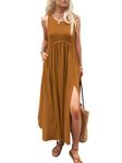 Mieazom Women's Maxi Dress Summer Sleeveless Crewneck Swing Sundress Casual Loose Long Dresses with Pockets, Brown, Medium