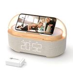 COLSUR 【2023 Newest】 Bluetooth Speaker with Digital Alarm Clock, Wireless Charger, FM Clock Radio, Adjustable LED Night Light, Dual Wireless Speakers,2500mAh Battery for Bedroom,Home, Adaptor (Wooden)