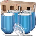 Stainless Steel Stemless Wine Glasses - THILY 4 Pack Triple Vacuum Insulated Cute Wine Tumbler Set Travel Cup with Lid, Reusable Straw, 12 oz, Keep Hot or Cold for Beer, Coffee, Sparkle Blue