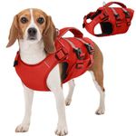 Kuoser Dog Life Jacket Medium, Dog Lifejackets with Handle and Reflective, Adjustable Dogs Buoyancy Jacket for Dog Swimming Vest, Small Dog Float Jacket with Improved Buoyancy, Dog Life Vest Red M