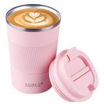 SUNTQ Reusable Coffee Cups Travel - Coffee Travel Mug with Leakproof Lid - Thermal Mug Insulated Cup - Stainless Steel Travel Cup with Rubber Grip - for Hot and Cold Drinks, 13oz/380ml, Pink