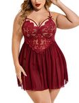 Avidlove Lingerie for Plus Size Women Lace Babydoll Strap Chemise Lingerie V Neck Nightgown Sexy Sleepwear Sheer Mesh Nightwear Dark Red