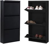 3FlexHome Modern Slim Metal Shoe Cabinet for hallway wall mounted thin flip down Shoe Rack Storage Organiser Shoe cupboard 3 Tier Indoor Outdoor (Black)