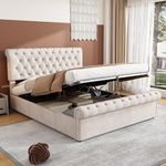 Merax Ottoman Storage Bed Upholstered Double Bed Luxurious Velvet Button-Tufted Sleigh Bed with Storage - Upholstered Double Bed (4ft6, 135x190) in Elegant Beige Without Matress