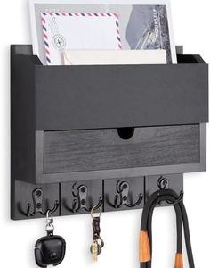 Lucundm Mail and Key Holder Wall Mount with Storage Drawer – Modern Wooden Mail Organizer for Wall Entryway, 7 Key Hooks & Chalkboard Panel – Stylish Home Decor for Apartments, Living Room, Office