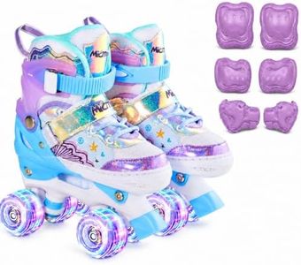 Purple Girls' Adjustable Double-Row Roller Skates with Safety Gear & Hand-Embroidered Design - One-Button 4-Size Fit, Locking Brake & Multi-Color Glow Wheels for Kids 3-12 (Indoor/Outdoor Use)