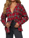 LACOZY Women's Button Down Flannel Shirts Plaid Shacket Long Sleeve Collared Casual Work Tops Blouse Red XL