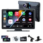 Wireless Car Stereo, 9 Inch Portable Car Audio,Car Screen with 4K Front + Rear 1080P Dual Camera Dash Cam，Wireless CarPlay with Mirror Link/S-iri/AUX/128G SD