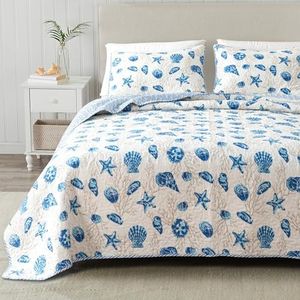 Full / Queen Coastal Quilt Bedding Set, Summer Coastal Quilt with Shams, Beach 3-Piece Reversible All Season Bedspread Quilt Set. Lightweight Nautical Quilted Coverlet. Bali Collection, Blue