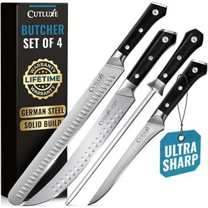 Cutluxe Butcher Knife Set – BBQ Brisket, Breaking and Boning Knives, Honing Rod – Carving Knife Set for Meat Cutting, Ultra Sharp German Steel, Full Tang, Ergonomic Handles – Artisan Series