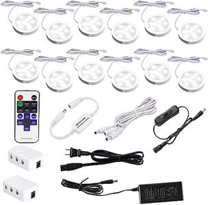 AIBOO LED Under Counter Lighting,Curio Cabinet,Display Light Fixtures with 12V Plug in Adapter and Dimmable Wireless Remote Control,24W 12 pcs Ultra Slim Bright Puck Lights(6000K, Daylight White)
