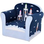 HOMCOM Children's Armchair Flannel Kids Sofa Tub Chair Cartoon Rocket Pattern Wooden Frame Bedroom Playroom Seater Blue