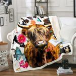 Erosebridal Highland Cattle Throw Blanket Queen Size, Kids Cow Bull Cattle Sherpa Blanket Butterfly Flower Plush Blanket for Boys Girls Teens Western Cowboy Farm Animal Flannel Blanket Bedroom Decor