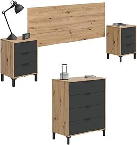 Mobelcenter, Conjunto Dormitorio Matrimonio Enzo, Color Roble Nodi y Gris Antracita, Cabezal para Camas de 135 y 150 cm, 2 Mesitas 3 cajones y Cómoda 4 cajones (1327, 1328)
