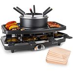 Klarstein 3-in-1 Raclette Grill Machine & Fondue Set, 1100W Stone Indoor Grill Raclette Machine, Wide Table Top Grill w/ 8 Small Pans & Fondue Forks, Raclette Cheese Fondue Sets for Cooking Indoors