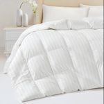 Down Feather Comforter King Size - All Season Hotel Duvet Insert, Medium Warmth Ultra-Soft 750 Fill Power Fluffy Premium Comforter with 8 Corner Tabs, Stripe Pattern Cotton Blend Cover