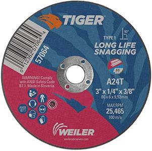 Weiler 57064 3-Inch Cutting Wheel, Tiger AO Steel/Metal Long Life, Performance Snagging, 1/4" A24T Type 1 3/8" Arbor (Pack of 40)
