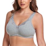 Ayigedu Women's Plus Size Soft Cotton Bra Lace Full Coverage Wirefree Non-Padded Bras 38GG Grey