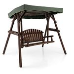 Tangkula Wooden Porch Swing, 2 Person A-Frame Outdoor Swing with Adjustable Canopy, Armrest, 2 Side Tables, Outdoor Swing with Wood Stand for Garden, Backyard, Deck, Poolside