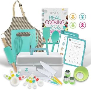 Tovla Jr. Kids Real Cooking and Baking Gift Set with Cookbook and Storage Case- Montessori Complete Cooking Supplies for the Junior Chef - Set for Girls & Boys - Utensils and Kid Safe Knives.