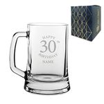 Personalised Engraved Tankard Beer Mug Stein Happy 30th Birthday Classic Design Gift Boxed, 16.75oz/495ml Classic Beer Glass, Any Name, Engraved in The UK