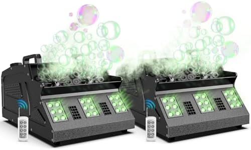 Fancybling 2000W Fog Machine, 3 in 1 Fog Bubble Machine with 2 Bubble Fans, 7 CH 18 RGB LED Lights Smoke Bubble All IN 1 Machine, Fog Machine Stage Effect for Party, Halloween, Chrismas, 2 PACK