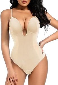 Decorus Women's Low Back Shapewear Tummy Control Deep V Neck Backless Body Shaper Plunge Thong Bridal Bodysuit Built in Bra, Beige, X-Large