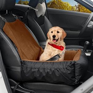 IFurffy Dog Car Seat, Pet Car Seat with Storage Pockets and Clip-On Safety Leash, Washable Coral Fleece Dog Booster Seat for Small Medium Dogs, Small Dog Car Seat for Travel Dog Car Bed (Brown)