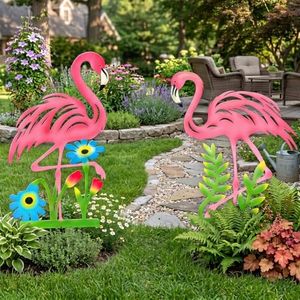 2 Pack Pink Flamingo Garden Statue - 20.5 inch Hand Flamingo Painted Metal Patio Art, Outdoor Decorative Stake Flamingo Statue for Lawn, Patio, Porch and Backyard, Gifts for Ladies (A Style 2 Pack)