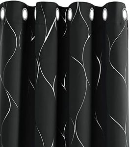 Deconovo Blackout Curtains, Eyelet Room Darkening Curtains, Silver Wave Line Foil Printed Window Treatment for Living Room, 52 x 72 Inch(Width x Length), Black, 2 panels