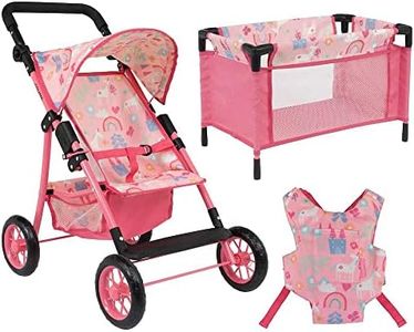 Cosatto Dolls Pram, Little Woo Travel Set, Pink Unicorn, Includes Stroller, Travel Cot & Baby Carrier