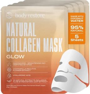 Body Restore Natural Collagen Face Mask 5 Pack – Korean Skin Care Sheet Mask with Fermented Coconut Water – Birthday Gifts for Women & Men, Support Deep Moisture, Dry Skin, Clean Beauty