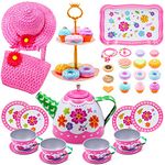 34PCS Kids Tea Party Set for Little Girls, Princess Pretend Play Toy Tin Tea Set, Dessert Teapot Dishes Playset, Flower Hat & Purse, Jewelry Sets Birthday Gift Toys for Girls Toddlers Children Ages 3+