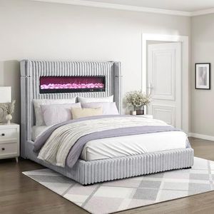 Lexicon Corduroy Upholstered Bed Frame, Remote Fireplace, Built-in Speaker, Wingback Eastern King Bed Frame with Headboard, Wooden Slats, Box Spring Needed, Assembly Required, Two-Tone Gray