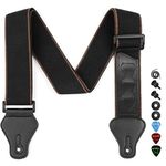 Guitar Strap with Pick Holders, 2 Buttons 2 Locks 3 Picks, PU Leather Ends, Adjustable Length & Soft Cotton Straps for Bass Electric Guitars(Black)