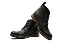 HX London Men formal And Semi Casual Lace-Up Brogue Leather Boots Black Color, 8 Uk