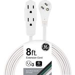 GE Indoor Office Extension Cord, Extra Long 8ft Power Cable, 3 Grounded Outlets, 3 Prong, Low-Profile Right Angle Flat Plug, 16 Gauge, UL Listed, White, 50251