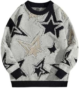 BEAUDRM Men's Star Graphic Sweaters Y2K Vintage Crewneck Oversized Sweaters Baggy Long Sleeve Knit Unisex Pullover Jumper Top Grey Medium