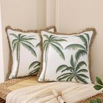 Tosleo Embroidered Throw Pillow Covers 18x18 Pack of 2 with Flax Fringe Cotton Boho Pillow Cushion Cases Farmhouse Decor Square Green Palm Tree Pillowcases for Summer Sofa Couch Bedroom