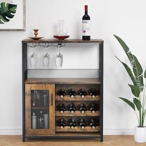 GAOMON Coffee Wine Bar Cabinet with Storage and Detachable Rack, Farmhouse Sideboard and Buffet Cabinet with Glass Holder and Mesh Door, Liquor Coffee Bar Cupboard, Rustic Brown