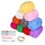 Crochet Yarns,10x25g 4-Strand Wool Balls with Colorful Crochet Hooks,Stitch Markers,Tape Measure,Big Eye Needles,Suit for Beginners Adults Kids to Knit Doll,Blanket,Handbag,Pet Clothes,Coaster