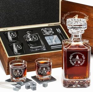 Personalized Whiskey Decanter and Stones Set - Customized Gift for Him - Men, Dad, Father - Engraved Square Classic Decanter, Glasses, Granite Stones in Container, Coasters, Tongs in Wooden Gift Box