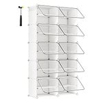 SONGMICS Interlocking Shoe Rack, Plastic Shoe Storage Cabinet, 10-Slot Modular Storage Organiser Unit, 30 x 40 x 30 cm for Each Slot, with Doors, Steel Frame, Plastic Panels, White LPC035W01