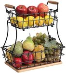 SunnyPoint 2-Tier Rectangle Countertop Fruit, Bread Wire Basket (Black, Metal + Wood base)